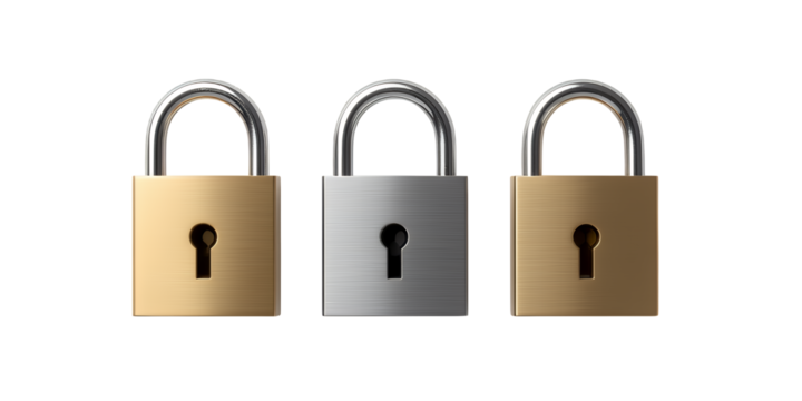 Gold Padlocks with Silver Hinges, Transparent Background, 3D Realism Design Element