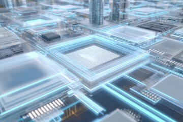 Fototapeta premium Highly detailed futuristic digital cityscape with illuminated interconnected circuit pathways and advanced technology infrastructure
