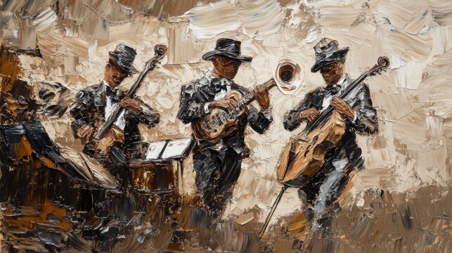 Expressive oil painting capturing the energy of a vintage jazz ensemble performance