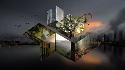 Fototapeta premium Modern abstract geometric landscape collage featu trees mountains forests and city skyline with sunset sky and flying birds in a 3D floating shape