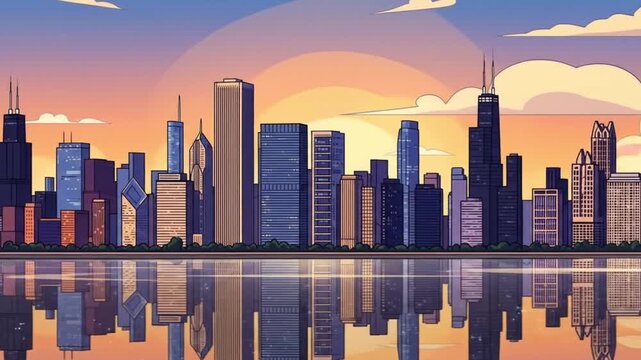 Chicago skyline cartoon sunset cityscape reflecting in calm water, suitable for Chicago travel guides, postcards, and city themed presentations.
