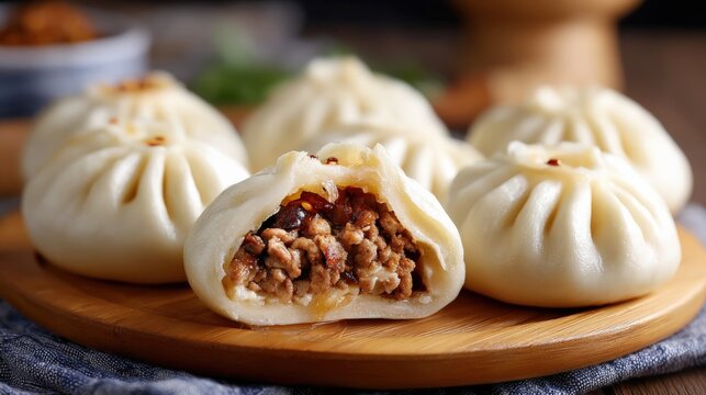 Delicious Asian-style steamed pork dumplings served on a round wooden tray with one dumpling cut open revealing flavorful meat filling