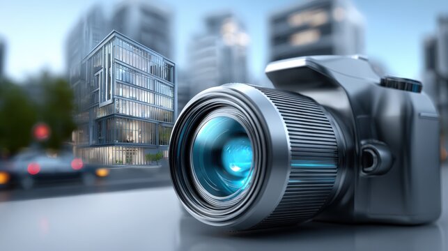 Modern digital camera with zoom lens urban cityscape background professional photography equipment outdoor shot daytime