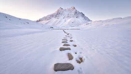 A snowy mountain landscape with a stone path in winter