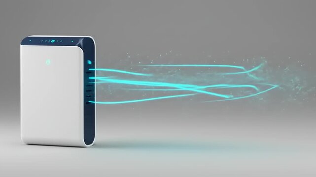 Modern air purifier releasing blue energy waves in a minimalist indoor setting with soft lighting