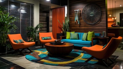 Modern living room design urban apartment interior decor cozy ambiance wide angle vibrant color palette