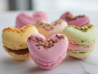 Assorted colorful heart-shaped macarons with creamy filling and decorative toppings arranged on a marble surface for dessert display