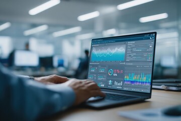 Modern business professional working with financial data analysis on a laptop in a contemporary office environment showcasing charts and statistics