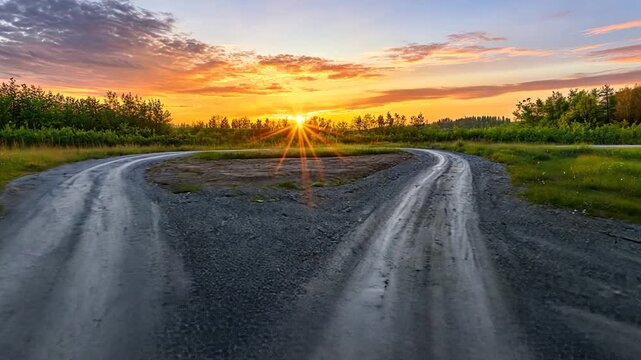 Two dirt roads meet at a crossroads, under a vibrant sunset sky