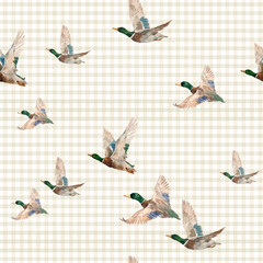 Watercolor flying and swimming ducks seamless pattern. Nature-inspired mallards with reeds for nursery wallpaper and textile design