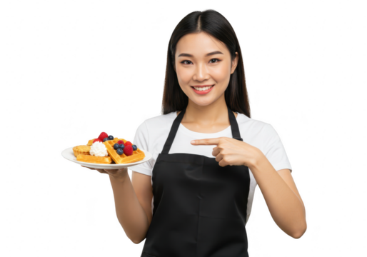 A smiling young asian waitress in an apron points to a plate of waffles with berries and cream, isolated on white isolated on transparent background