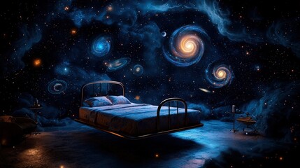 Floating bed surrounded by galaxies dreamy space bedroom digital art cosmic environment dreamlike concept