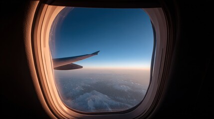 Naklejka premium Beautiful view from an airplane window showcasing the sky, clouds, and horizon du daytime with a sleek airplane wing silhouette