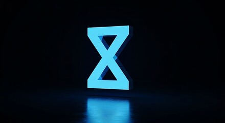 Futuristic glowing blue hourglass shape abstract 3D symbol on dark reflective background.