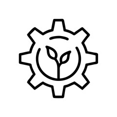 Gear with branches and leaves in black line art on transparent  background  