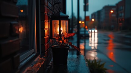 Evening rain reflection urban street photography cozy atmosphere close-up view serene mood
