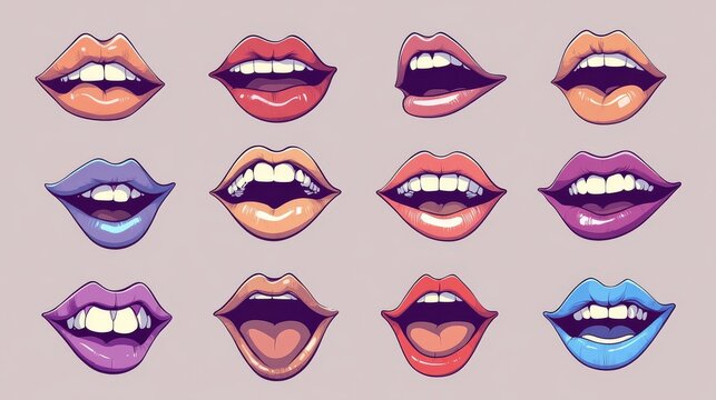 Front-facing cartoon mouth designs showing full range of speech animations, detailed depiction of upper and lower lips with subtle shading and contours, expressive poses capturing phonetic mouth
