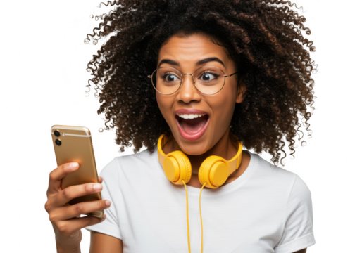 An excited woman with afro hair and glasses reacts to her smartphone while wearing headphones, isolated on transparent background