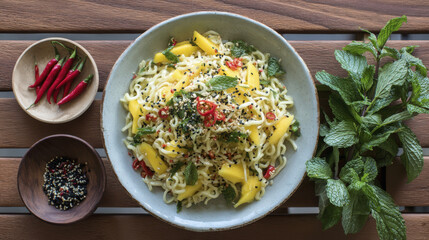 Instant noodle salad with mango, fresh mint, chili flakes, and sesame seeds served in bowl on wooden table with chili peppers and mixed peppercorns nearby, fresh and vibrant