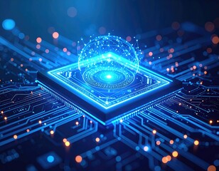Futuristic CPU with holographic sphere