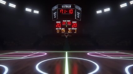 A vibrant basketball court scene featuring a scoreboard displaying a close game score in a packed arena - Powered by Adobe