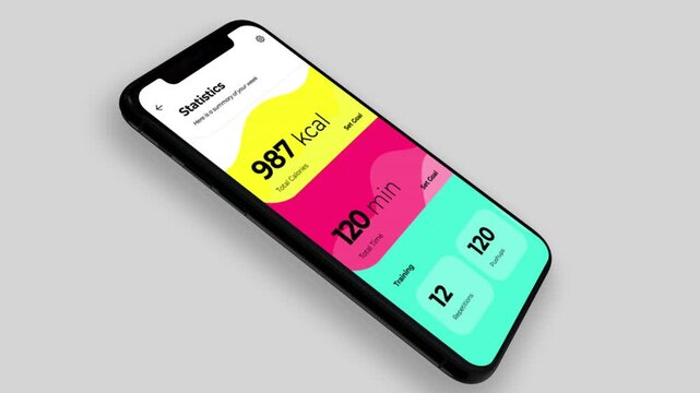 Animated mobile app screen showcasing weekly health and performance statistics, including calories burned, workout time, repetitions, and push-ups. Colorful modern UI design on smartphone display