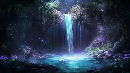 Enchanting waterfall cascading into a serene pool, surrounded by lush foliage and glowing flora in a mystical forest.