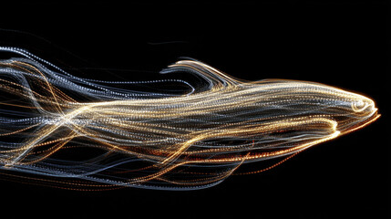 Light trail shaped like fish swimming upward with glowing lines in white and gold colors on black background, creating dynamic and energetic visual effect