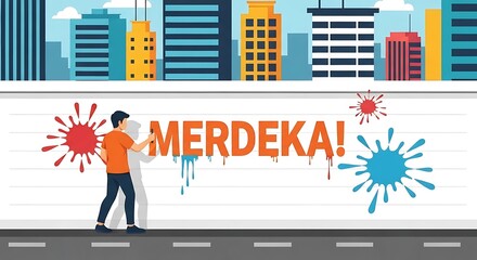 Urban mural illustration of man painting Merdeka text with colorful splashes on city wall.
