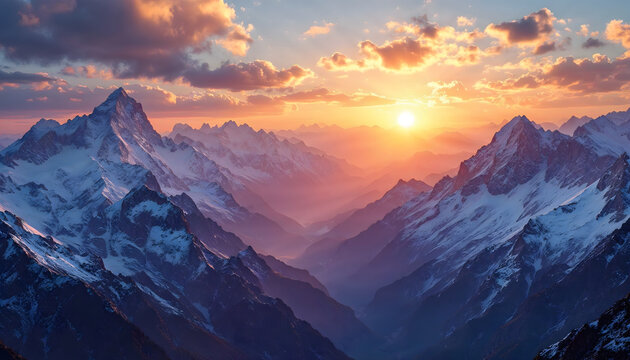 Snowy Mountain Range at Sunset with Orange and Purple Sky