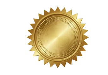 A gold medallion with a circular design features a radiant sunburst effect in the center. 