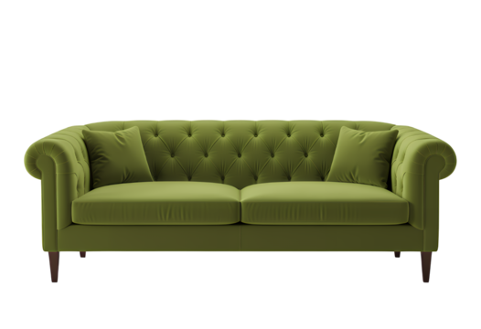 Green Velvet Chesterfield Sofa with Tufted Backrest, on Transparent Background, Classic Interior Design Element
