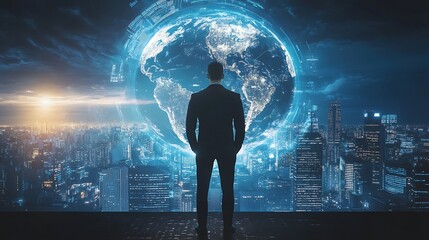Businessman Overlooking City with Glowing Earth Technology and Global Connection