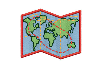 Embroidered world map with travel routes embroidered patch