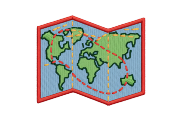 Embroidered world map with travel routes embroidered patch