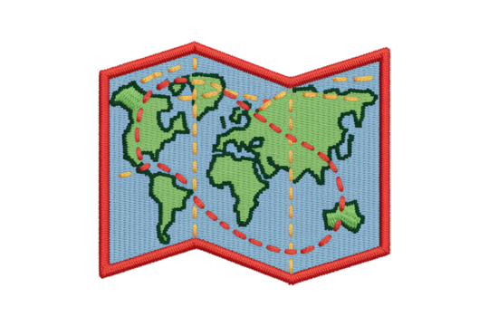 Embroidered world map with travel routes embroidered patch