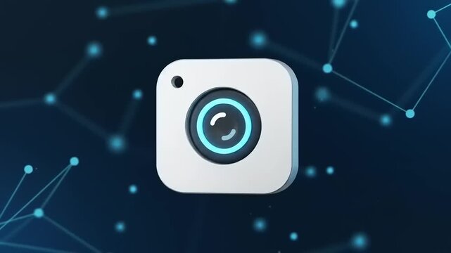 Modern technology logo design featuring a sleek camera icon against a dark background with digital patterns
