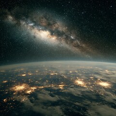 Earth At Night From Space With Milky Way