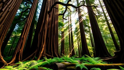 Majestic Redwood Cathedral with Sunlight Rays