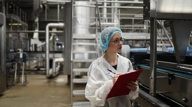 Female quality control inspector wearing protective clothing and mask writing notes on clipboard while inspecting production line in water bottling factory