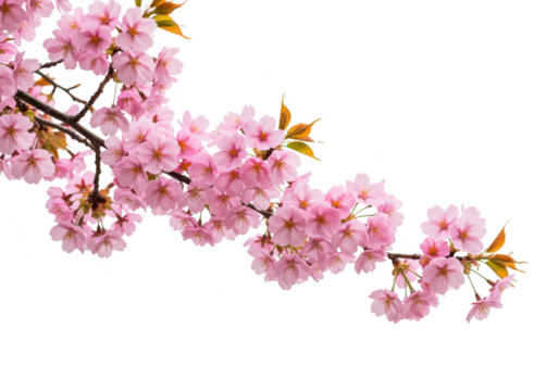 A delicate branch of pink cherry blossoms in full bloom, isolated on a transparent background - Powered by Adobe