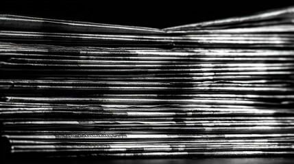 An artistic arrangement of stacked newspapers in monochrome tones.
