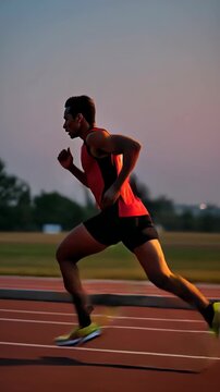Young man sprinting on outdoor track during sunset  