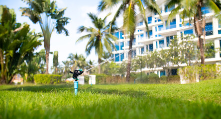 Sprinkler for automatic lawn watering. Lawn cultivation and care, garden irrigation devices. Rainbow over the garden on a sunny day.