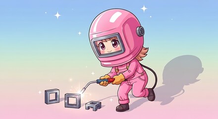 Cute cartoon girl welder in pink suit working with metal blocks in pastel background illustration.