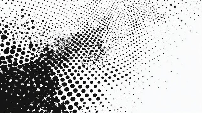 Gritty halftone transition with irregular dot spacing and sizes progressive disintegration effect from solid black to scattered specs retro print texture with visible artifacts grainy photocopy