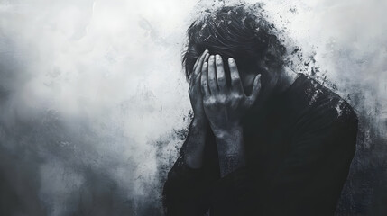 Fototapeta premium Man with head in hands in dark abstract textured background despair sadness