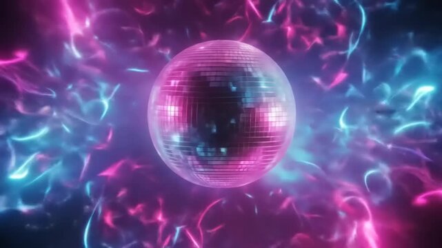 A vibrant disco ball reflecting colorful lights in a dynamic party atmosphere with abstract patterns