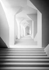 Obraz premium Futuristic white hallway with geometric perspective for architecture magazine, tech branding or minimal interior design
