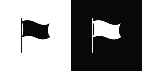 Black and white flag icons on contrasting backgrounds representing minimalistic waving flag symbols in vector style